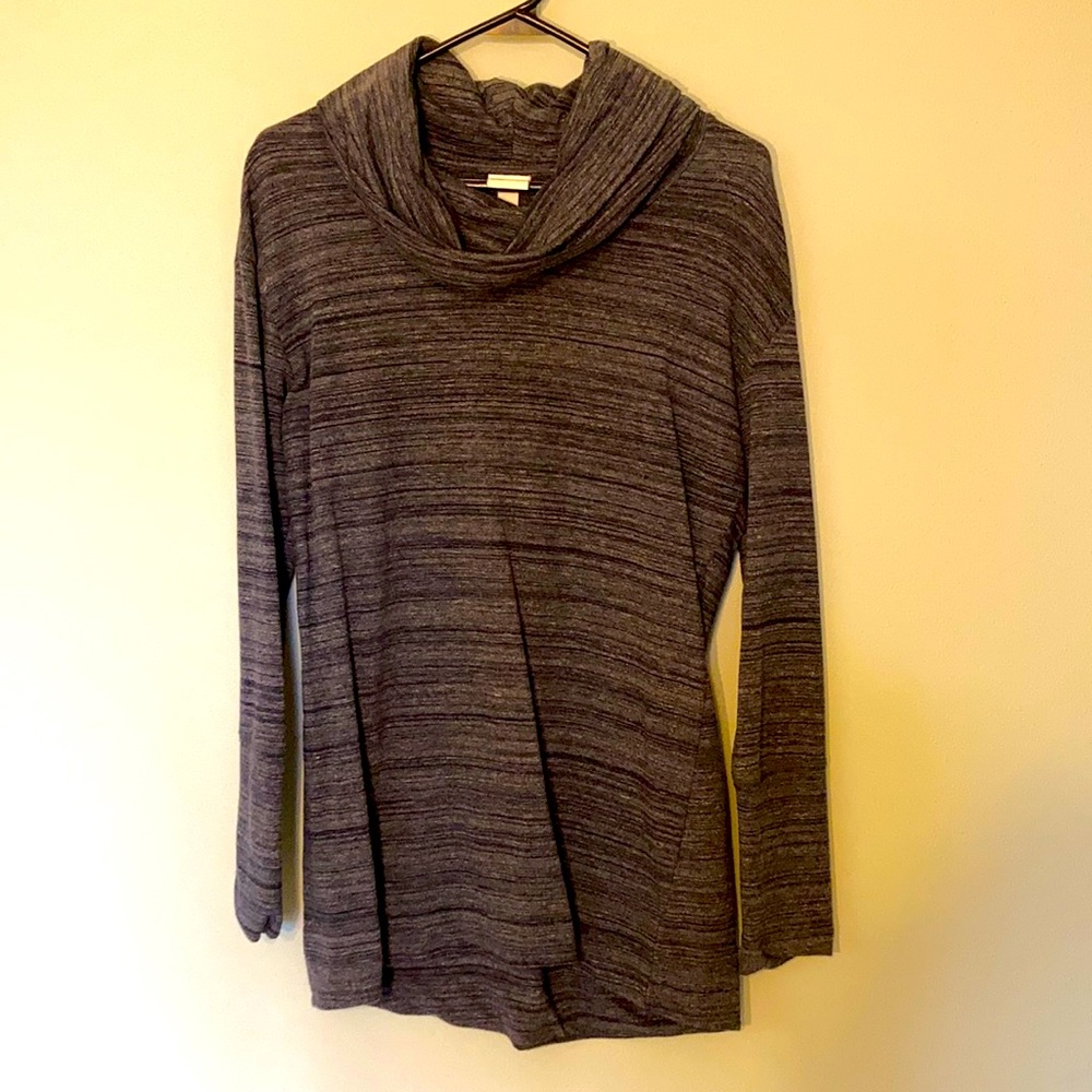 Navy dress with cowl neck and long sleeves